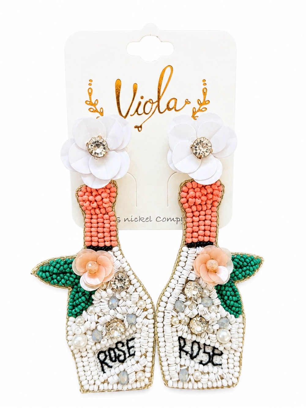 Viola Rosé Champagne Bottle Beaded Statement Earrings Floral Sequin Dangles NWT